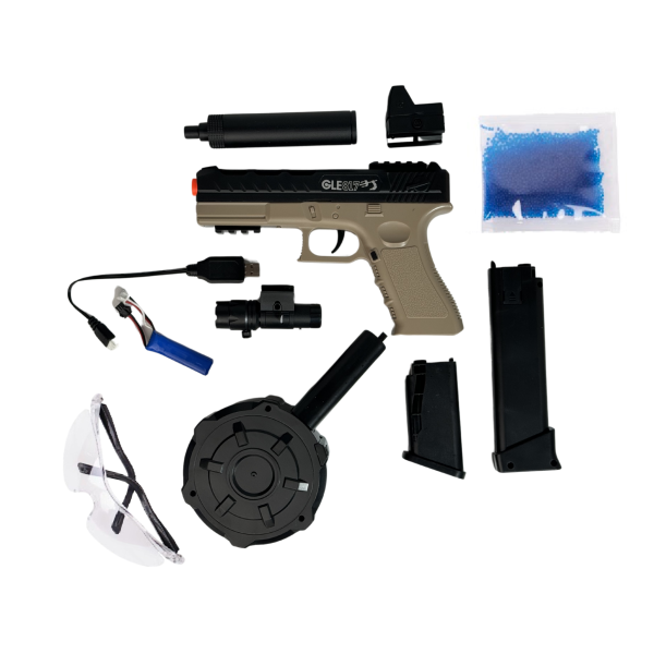 Игрушечный пистолет Glock17 Sand Гель Бластер на Орбизах + Глушитель + лазерный прицел + 2 магазина и барабан + 10 тысяч орбизов