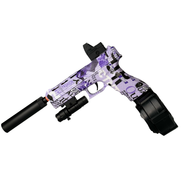 Игрушечный пистолет Glock17 Violet Гель Бластер на Орбизах + Глушитель + лазерный прицел + 2 магазина и барабан + 10 тысяч орбизов