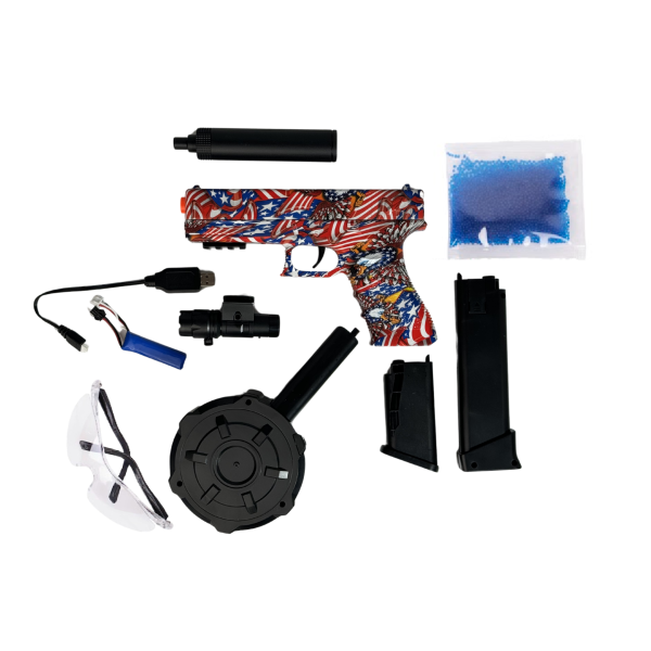 Игрушечный пистолет Glock17 Liberty Гель Бластер на Орбизах + Глушитель + лазерный прицел + 2 магазина и барабан + 10 тысяч орбизов