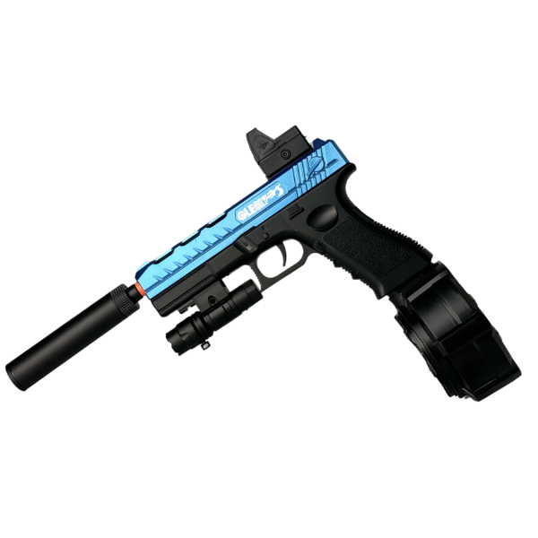 Игрушечный пистолет Glock17 Blue Гель Бластер на Орбизах + Глушитель + лазерный прицел + 2 магазина и барабан + 10 тысяч орбизов