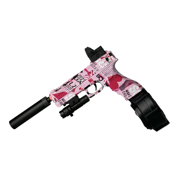 Игрушечный пистолет Glock17 Pink Гель Бластер на Орбизах + Глушитель + лазерный прицел + 2 магазина и барабан + 10 тысяч орбизов