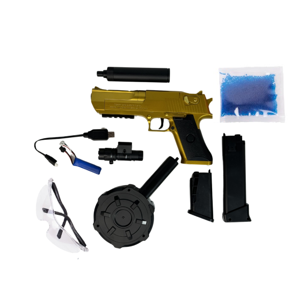 Іграшковий Пістолет Desert Eagle Gold Гель Бластер на Орбізах + Глушник + лазерний приціл + 2 Магазини та Барабан + 10 тисяч орбізів